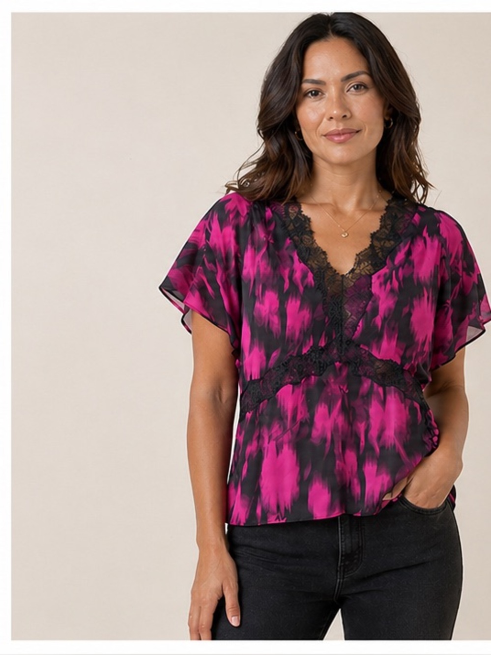 Zadig & Voltaire Silk Pink and Black Lace Trim Top